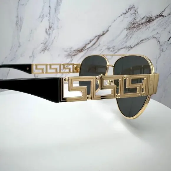 New VERSACE Sunglasses Gold Aviator Pilot Metal Greca Logo Black
